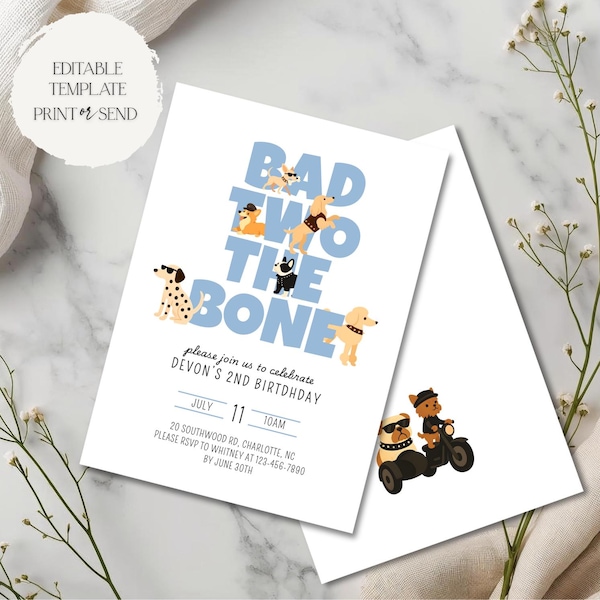 Bad Two the Bone Einladung | Blau Biker Hund Welpe Pawty Boy 2.Geburtstags-Party einladen Vorlage Bearbeitbare Druckbare Digitale Download