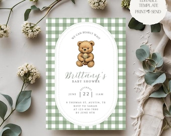 We Can Bearly Wait Baby Shower Invitation | Teddy Bear Green Gingham Gender Neutral  Party Invite Editable Template Instant Digital Download