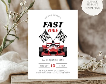Fast One First Birthday Invitation | Checkered Flags Race Car Racing 1st Birthday Party Invite Editable Template Printable Digital Download
