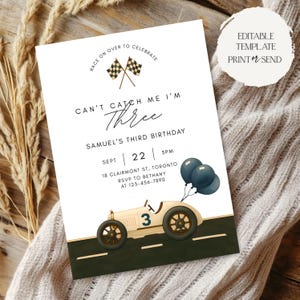 Je ne peux pas m&#39;attraper, j&#39;ai trois ans | 3e anniversaire de fête d&#39;anniversaire pour garçon de course vintage antique, modèle modifiable en téléchargement numérique