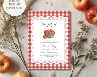 Invitación "La Niña de Nuestros Ojos" / Plantilla de invitación para fiesta de baby shower de manzana otoñal, editable, imprimible y descarga digital