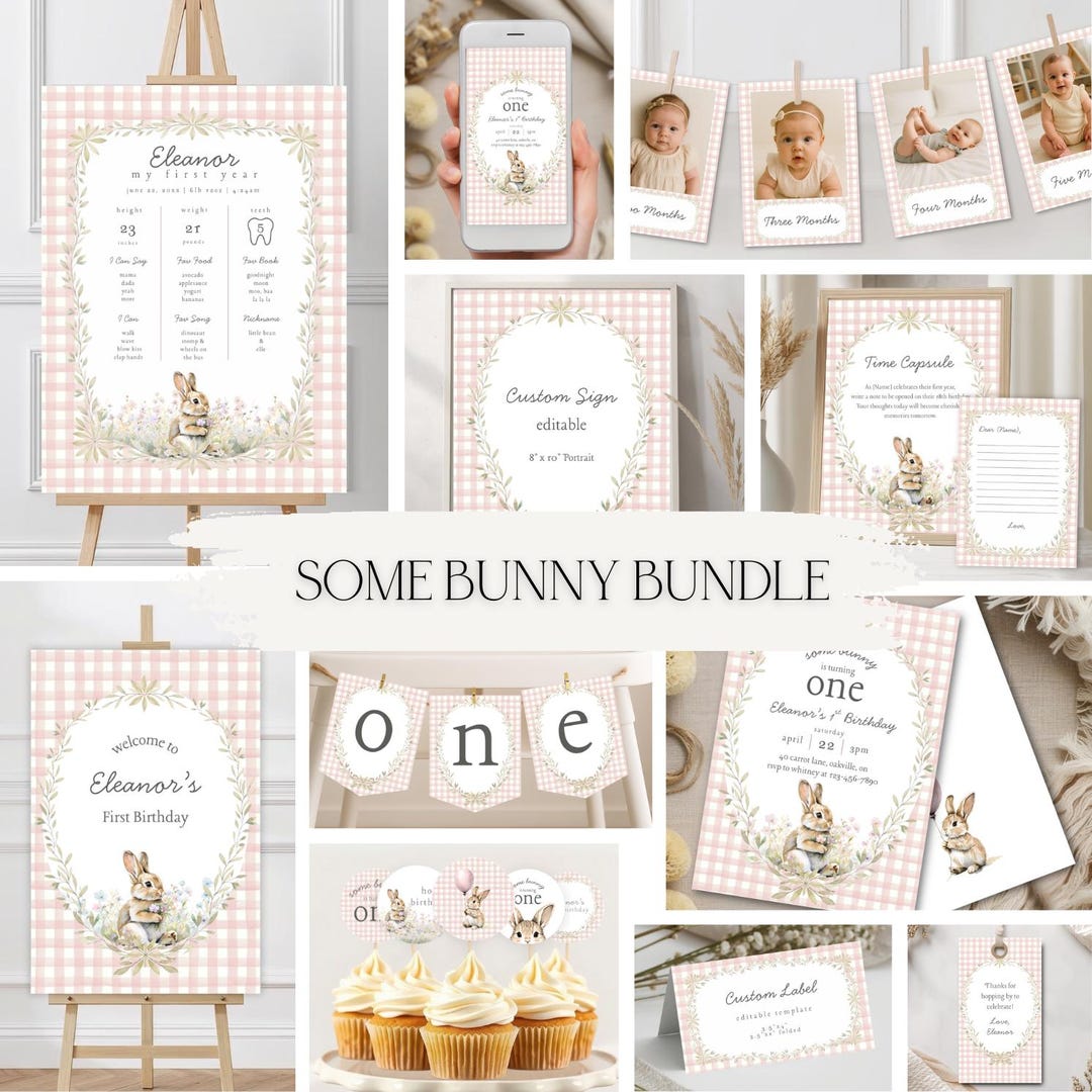 Some Bunny is Turning One Bundle | Pink Gingham Bunny Wildflower 1st ...