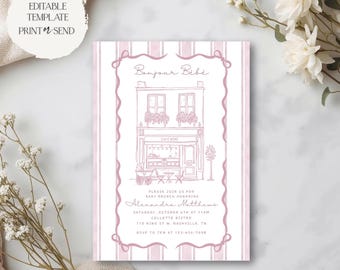 May include: A baby shower invitation with a pink and white striped background. The invitation features a detailed illustration of a cafe with the text "Bonjour Bébé." Additional text includes the honoree's name, date, time, and location.