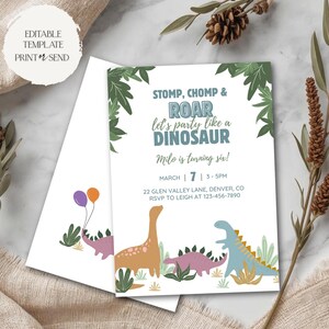 Inbjudan till Stomp Chomp & Roar | Mall för inbjudan till T-Rex dinosaurier, dinosauriefödelsedagsfest, redigerbar, utskrivbar, digital