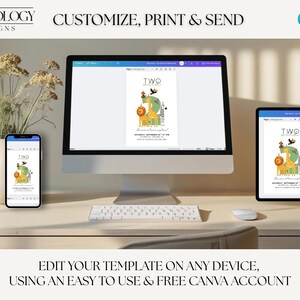 May include: A desktop computer, tablet, and smartphone display a birthday invitation template with a 'TWO' theme. The invitation features a giraffe, lion, and other animal illustrations. Text on the screen reads 'CUSTOMIZE, PRINT & SEND' and 'EDIT YOUR TEMPLATE ON ANY DEVICE'.