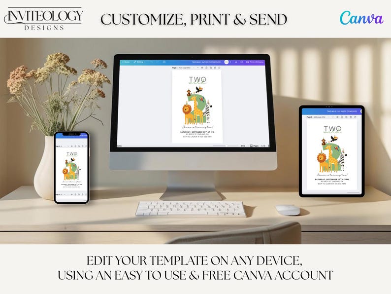 May include: A desktop computer, tablet, and smartphone display a birthday invitation template with a 'TWO' theme. The invitation features a giraffe, lion, and other animal illustrations. Text on the screen reads 'CUSTOMIZE, PRINT & SEND' and 'EDIT YOUR TEMPLATE ON ANY DEVICE'.