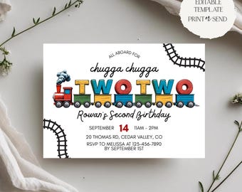 Chugga Chugga Two Two Birthday Invitation | Modern Railway Choo Choo Train 2nd Birthday Party Invite Editable Template Digital Download