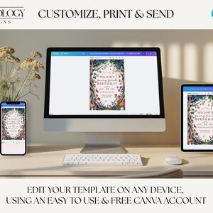 May include: A desktop computer, tablet, and smartphone display a birthday invitation template. The invitation features a floral design with the text "Willow's Fairy First Birthday." The image also includes the text "Customize, Print & Send" and the Canva logo.