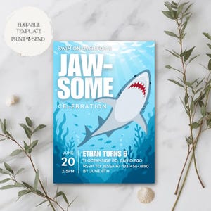 May include: A blue invitation card with a shark illustration. The card reads "Swim on over for a JAW-SOME Celebration" with event details: June 20, Ethan turns 6, 2-5 PM, and RSVP information. The design features an underwater scene.