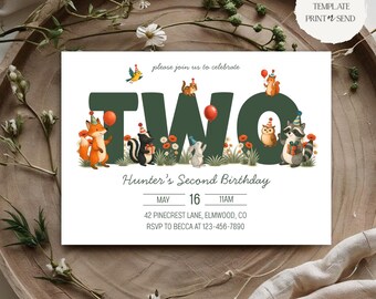 Convite para dois aniversários | Natureza - Dois animais selvagens da floresta - Festa de 2º aniversário - Modelo editável para impressão digital - Download
