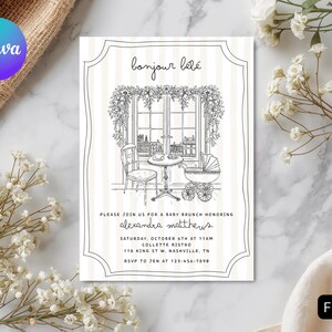 Puede incluir: Una invitaci&oacute;n a un baby brunch con una ilustraci&oacute;n en blanco y negro. La invitaci&oacute;n presenta el texto "bonjour b&eacute;b&eacute;" y detalles para un baby brunch en honor a Alexandra Matthews. El dise&ntilde;o incluye una escena de ventana, una mesa, una silla y un cochecito.