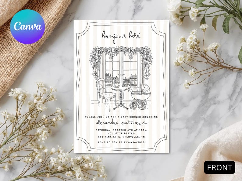 Puede incluir: Una invitaci&oacute;n a un baby brunch con una ilustraci&oacute;n en blanco y negro. La invitaci&oacute;n presenta el texto "bonjour b&eacute;b&eacute;" y detalles para un baby brunch en honor a Alexandra Matthews. El dise&ntilde;o incluye una escena de ventana, una mesa, una silla y un cochecito.