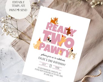 Ready Two Pawty Birthday Invitation | Pink Puppy Dogs Girl 2nd Birthday Party Invite Editable Template Printable Digital Instant Download