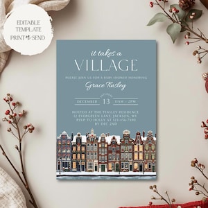 It Takes a Village Invitation | Blue Holiday Christmas Winter European Village Baby Shower Invite Template Editable Printable Digital