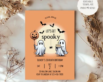 Convite de aniversário assustador de Halloween | Convite de aniversário assustador de morcego-aranha-fantasma com tema de Boo-Day, modelo editável para download digital