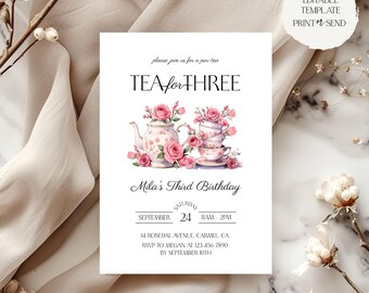 Tea for Three Birthday Invitation | Tea Party Par-Tea Floral Teapot Teacups 3rd Birthday Party Invite Editable Template Digital Download