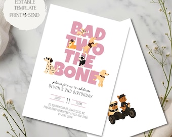 Bad Two the Bone-uitnodiging | Pink Biker Dog Puppy Pawty Girl 2e verjaardagsfeestje uitnodigen sjabloon bewerkbare afdrukbare digitale download