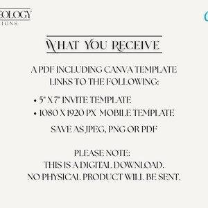 Puede incluir: Anuncio de descarga digital color crema con texto: "Lo que recibes". Incluye una plantilla de invitaci&oacute;n de 5" x 7" y una plantilla m&oacute;vil de 1080 x 1920 px. Guardar como JPEG, PNG o PDF. El logotipo de Canva est&aacute; en la esquina superior derecha.
