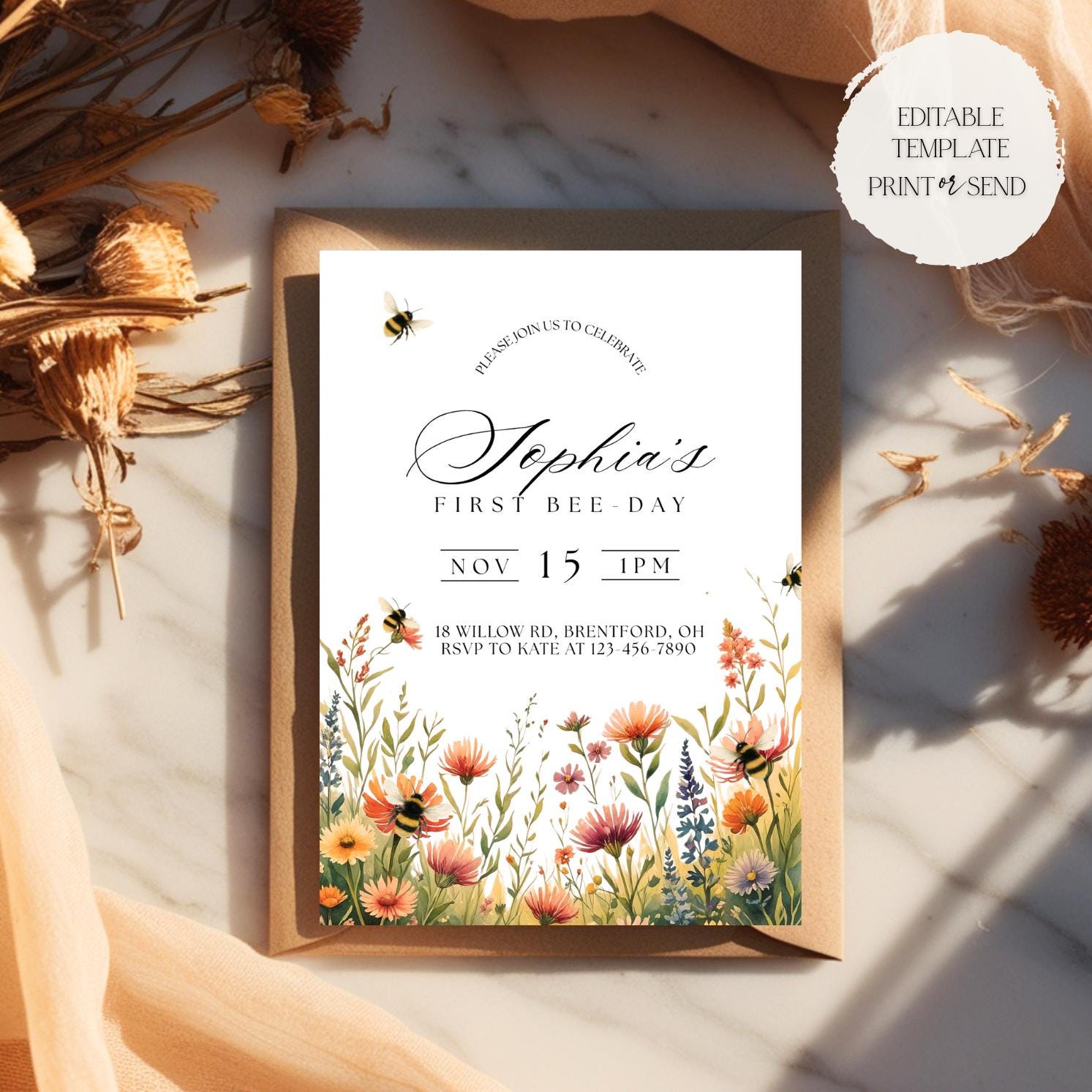 First Bee-Day Birthday Invitation | Bumble Bee 1st Birthday Party Invite Honey Bee Flower Printable Digital Download Editable Canva Template
