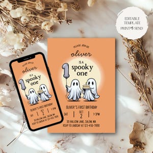 Spooky One First Birthday Invitation | Ghost Boo Bash Halloween 1st Birthday Party Invite Canva Editable Template Printable Digital Download