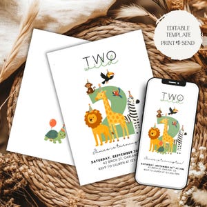 May include: White invitation cards and a smartphone displaying a birthday party invitation. The design features a large green number two with cartoon animals, including a lion, giraffe, and zebra. The text reads "TWO wild" and includes party details.