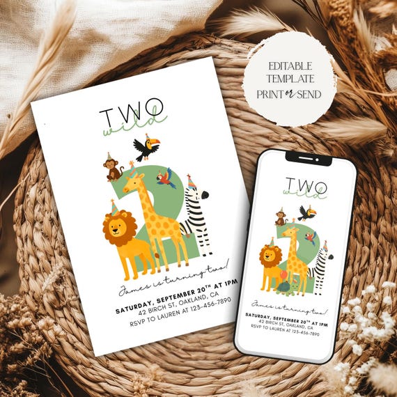 Two Wild Second Birthday Invitation | Wild Jungle Safari 2nd Birthday Invite Party Animals Digital Download Printable Editable Template