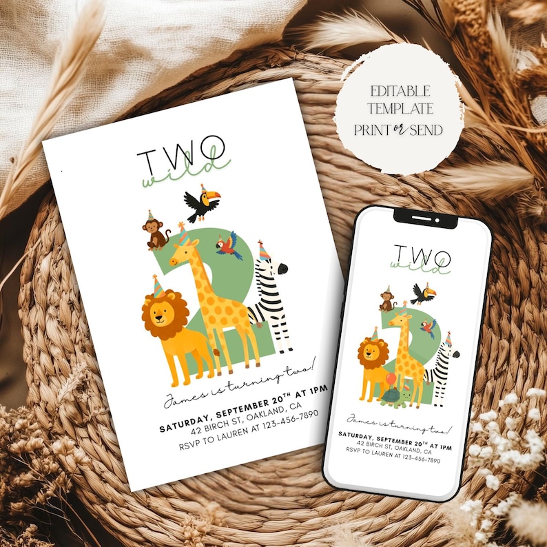 May include: A white invitation and a smartphone screen displaying a birthday party invitation. The invitation features the text "TWO wild" with a number 2 made of green leaves and cartoon animals. The invitation includes event details.