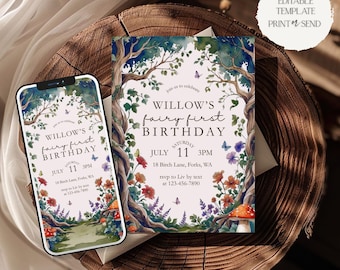 Fairy First Birthday Invitation | Enchanted Forest 1st Birthday Party Invite Fairy Tale Butterfly Woodland Editable Template Canva Digital