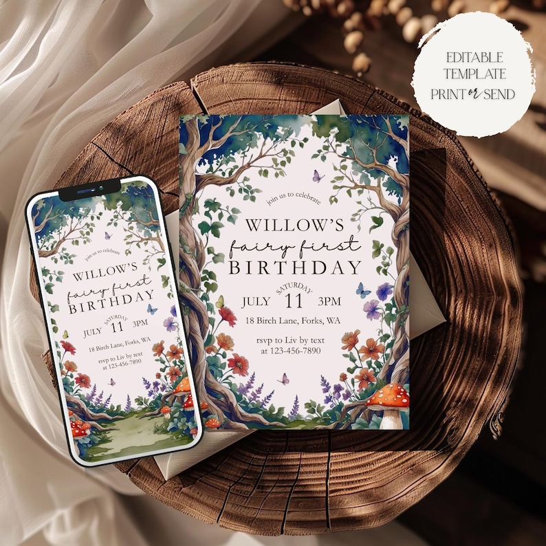 Fairy First Birthday Invitation | Enchanted Forest 1st Birthday Party Invite Fairy Tale Butterfly Woodland Editable Template Canva Digital