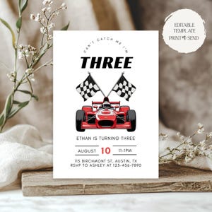 Je ne peux pas m&#39;attraper, j&#39;ai trois ans | 3e anniversaire de course de voitures de course sur invitation Modèle modifiable imprimable en téléchargement numérique