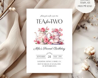 Tea for Two Birthday Invitation | Tea Party Par-Tea Floral Teapot Teacups 2nd Birthday Party Invite Editable Template Digital Download