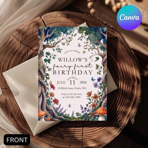 May include: A whimsical birthday invitation with the text "Willow's Fairy First Birthday." The design features watercolor illustrations of trees, flowers, and butterflies. The invitation includes the date, time, and location.