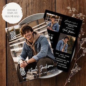 May include: A graduation announcement featuring a photograph of a young man in a denim jacket and a tan hoodie. The announcement includes the text "2026" and "Noah Jackson Birchmont High Graduate."