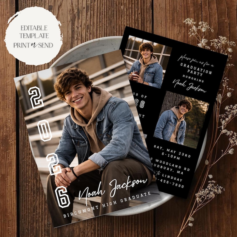 Graduation Party Invitation | Modern Minimalist Male Grad Announcement Editable Template Printable Digital