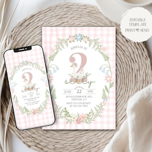 Two Silly Birthday Invitation | Pink Gingham Floral Silly Goose 2nd Birthday Party Invite Editable Template Printable Digital Download