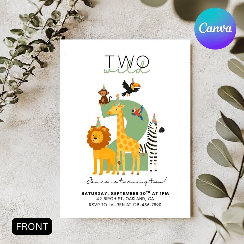 May include: A white invitation card with the text "TWO wild" in green and black. The number 2 is filled with a green color and has cartoon animals on it. The invitation includes the text "James is turning two!" and event details.