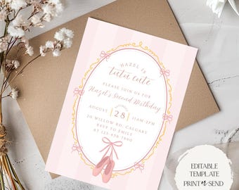 Tutu Cute Birthday Invitation | Pink Ballet Pointe Shoes Ballerina Swan Girl 2nd Birthday Party Invite Editable Template Digital Download