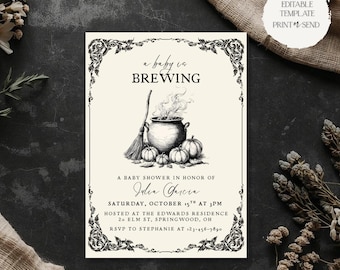 Invitación para baby shower de Halloween con temática de caldero vintage, bruja, escoba y calabazas (plantilla digital imprimible)