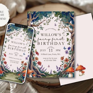 May include: A whimsical invitation suite featuring a fairy-themed design. The invitation, displayed on a phone and printed cards, includes the text "Willow's fairy first birthday" with floral and mushroom illustrations. The date and time are also displayed.