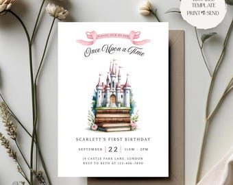 Es war einmal Geburtstagseinladung | Magische Märchen Märchenbuch Schloss Prinzessin Party einladen bearbeitbare Vorlage digitaler Sofort-Download