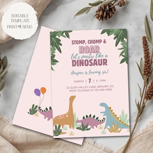 Stomp Chomp & Roar Invitation | Pink Dinos Dinosaur Birthday Party Invite Template Editable Printable Digital