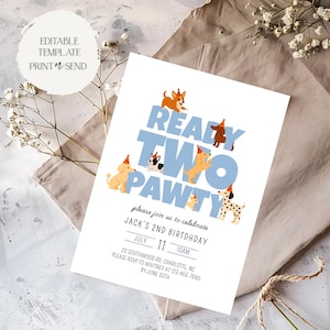 May include: A white birthday invitation card with the words "READY TWO PAWTY" in blue, decorated with cartoon dogs wearing party hats. The card includes details for Jack's 2nd birthday, including date, time, and RSVP information.