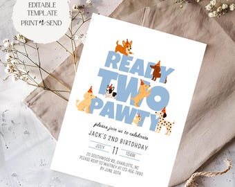 Ready Two Pawty Birthday Invitation | Blue Puppy Dogs Boy 2nd Birthday Party Invite Editable Template Printable Instant Digital Download