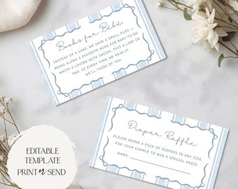 Livros de rifa de fraldas Bonjour Bebe para cartões de bebê | Modelo de chá de bebê Blue Parisian French Café Bebe editável e imprimível digital
