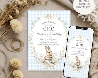 Some Bunny is Turning One Invitation | 1st Birthday Party Invite Bunny Blue Gingham Wildflower Editable Template Printable Digital Download