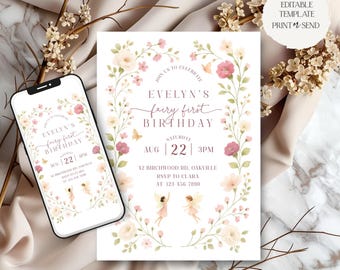 Fairy First Birthday Invitation | Girl 1st Birthday Party Invite Fairy Garden Flowers Printable Digital Download Editable Canva Template