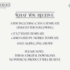 May include: Cream-colored digital download announcement with text: "WHAT YOU RECEIVE" and details about a 5" x 7" invite template and a 1080 x 1920 px mobile template. The Canva logo is in the upper right corner.