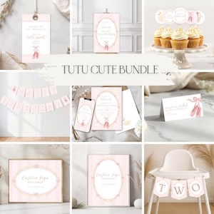 May include: A collection of pink and gold party decorations with a ballet theme. Includes invitations, cupcake toppers, a banner, and a sign. The text "Tutu Cute Bundle" is displayed in the center.