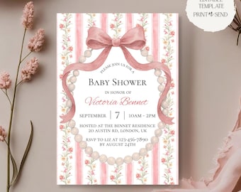 Convite para chá de bebê com laço e pérola | Convite para menina com laço floral rosa e pérola, elegante e atemporal, modelo editável, para impressão digital, download do Canva