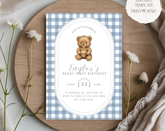 Beary First Birthday Invitation | Teddy Bear Blue White 1st Birthday Party Invite Editable Template Printable Digital Instant Download